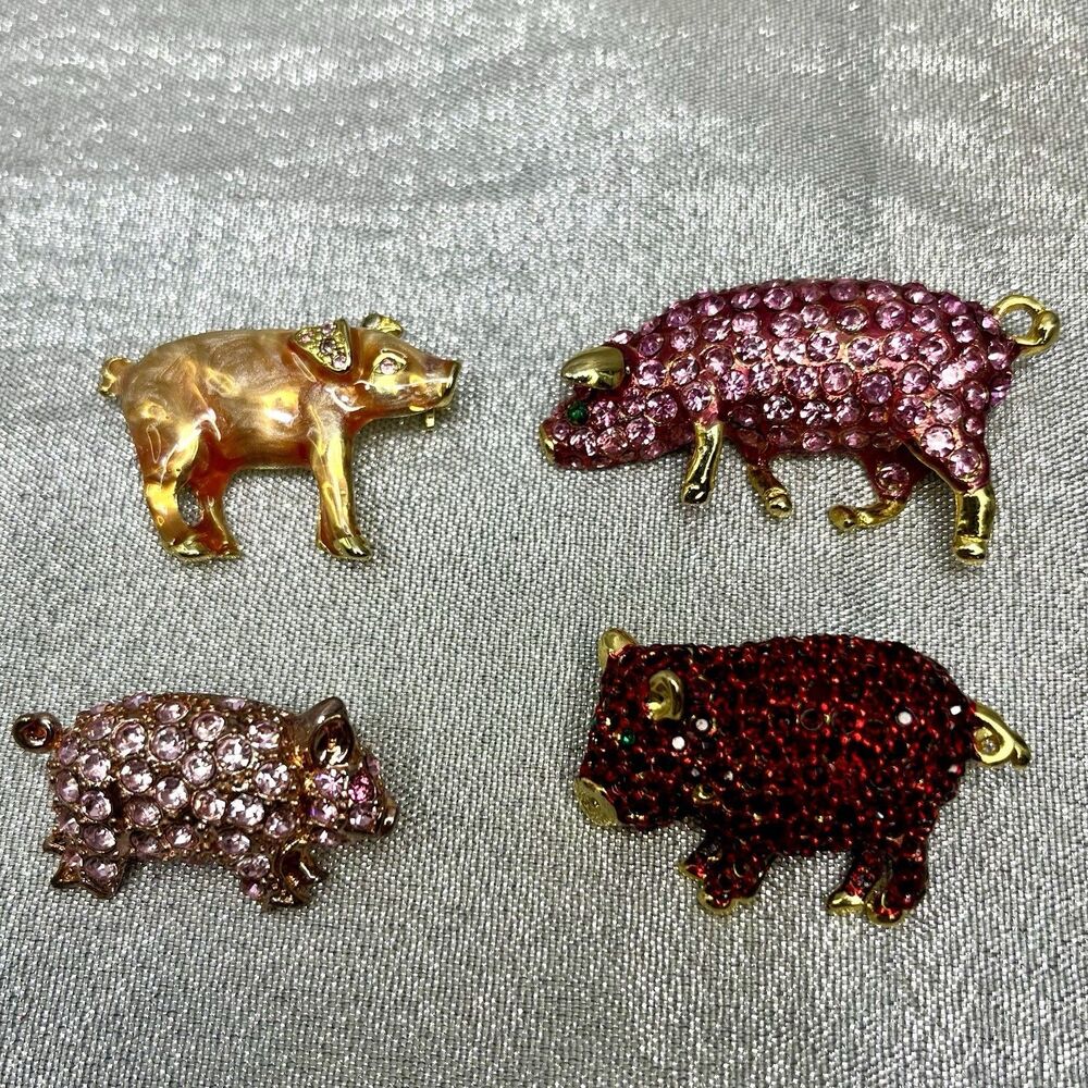 Vintage Pig Piglet Pink and Red Enamel/Rhinestone Brooch Pins rodeo